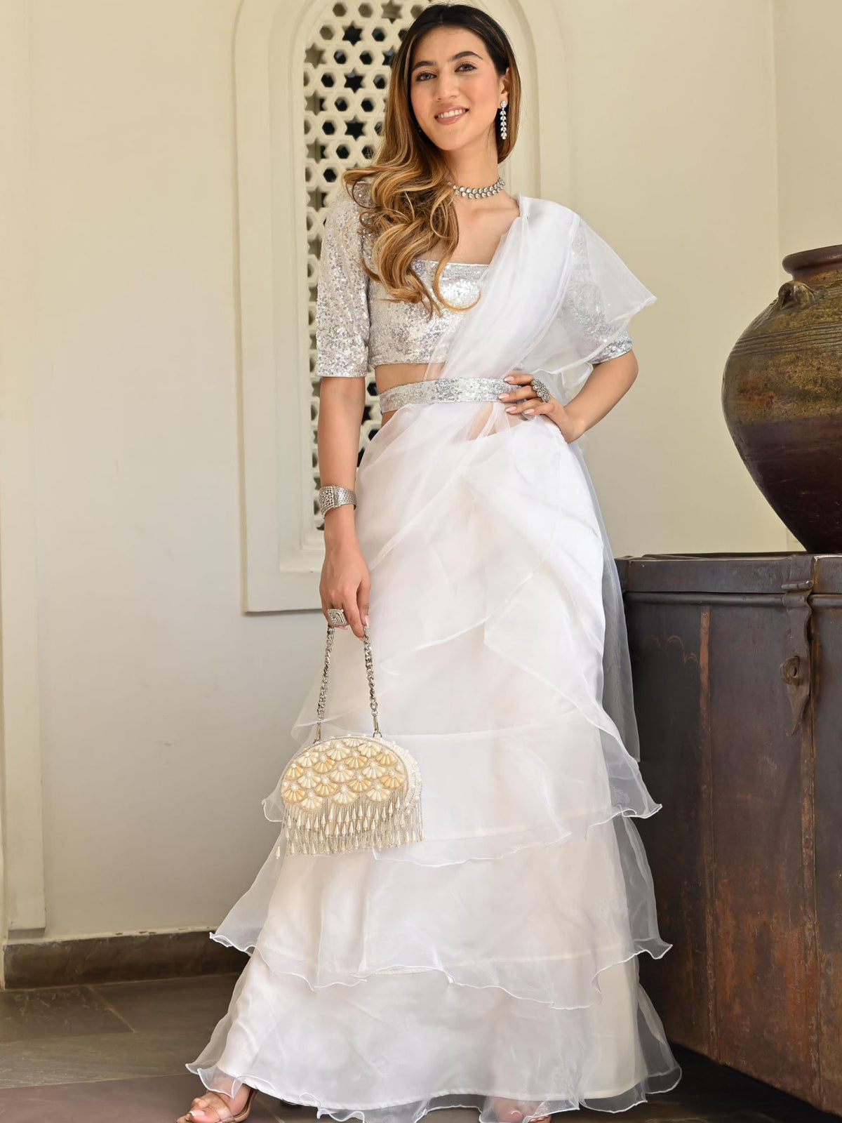 White organza Ruffle Saree