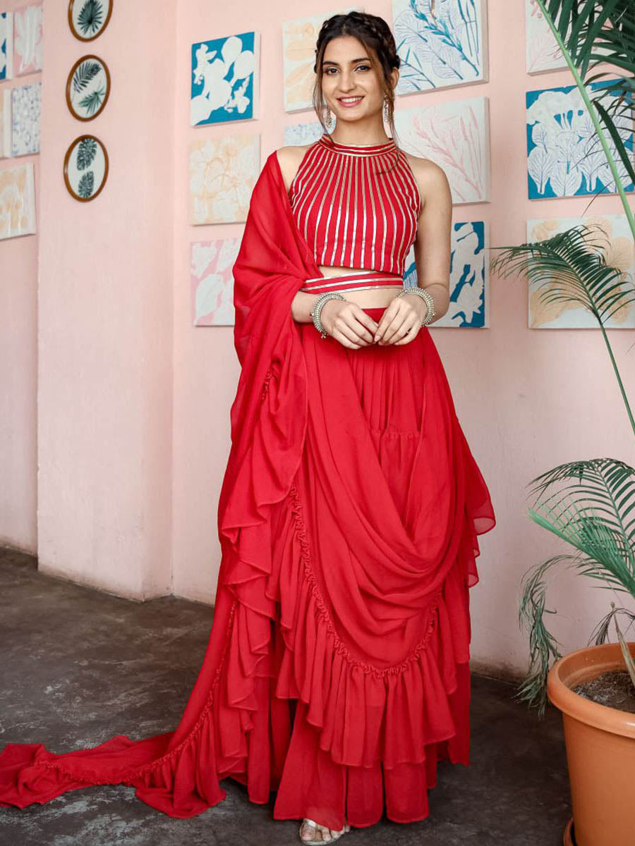 Red Saree With Stitched Blouse