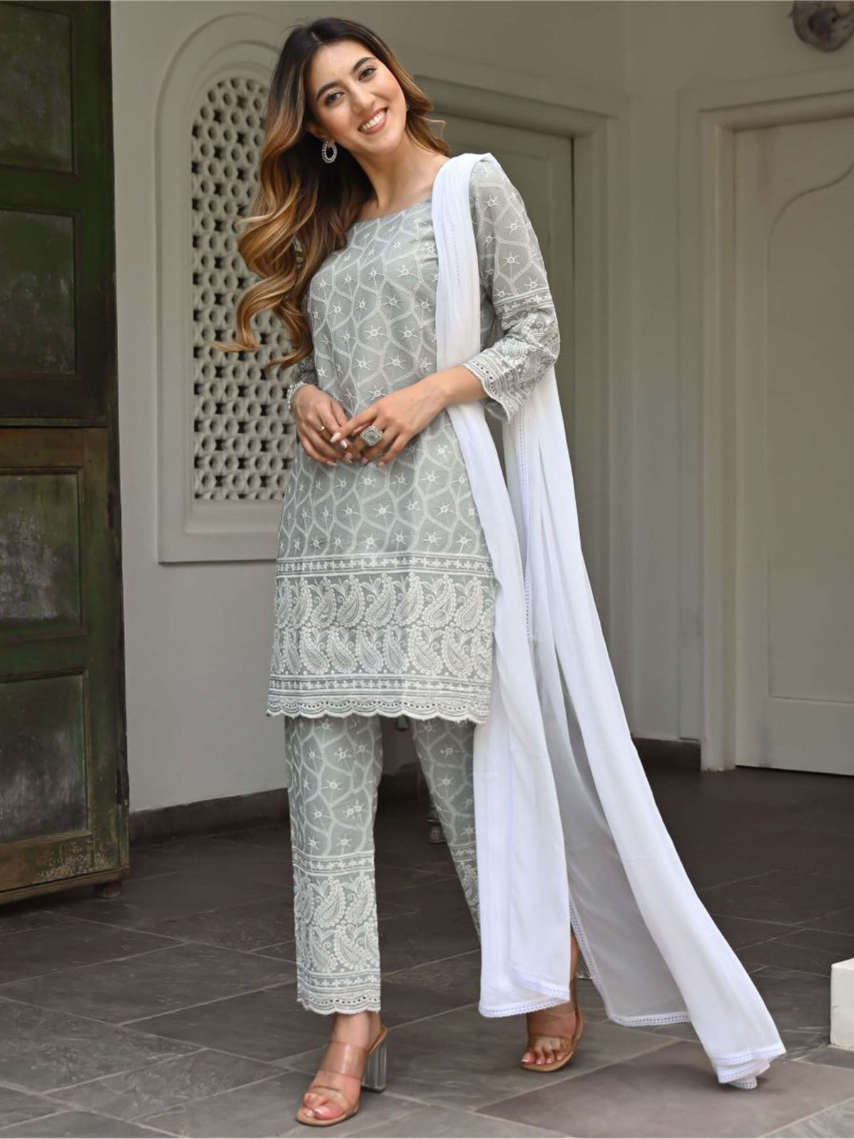 Grey Embroidered Kurta Set