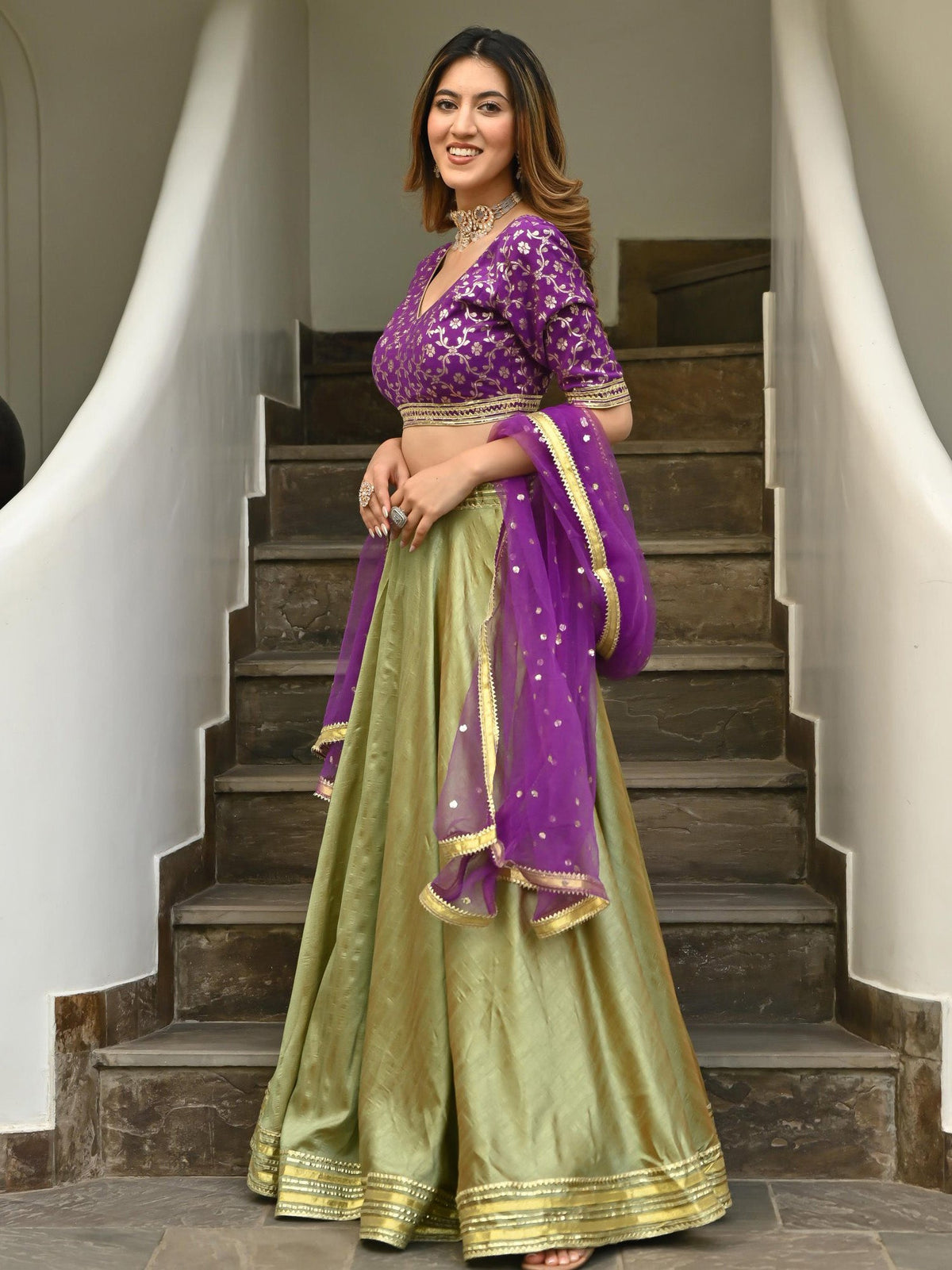 Green & Purple Brocade Lehenga