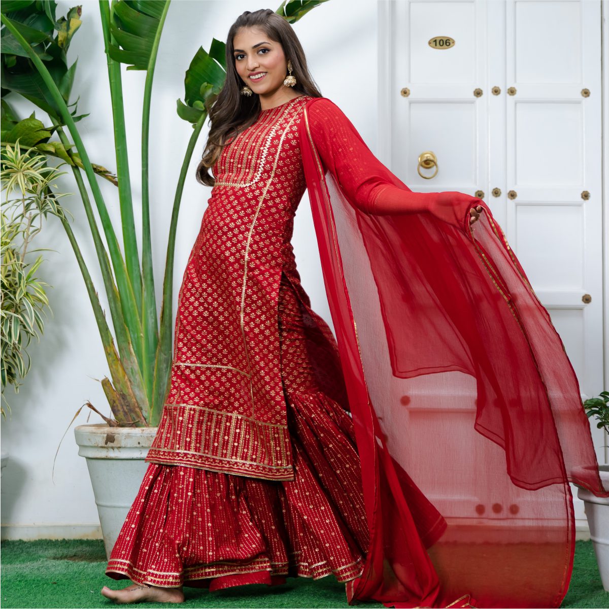 Red Cotton Printed Long Kurta and Sharara Set