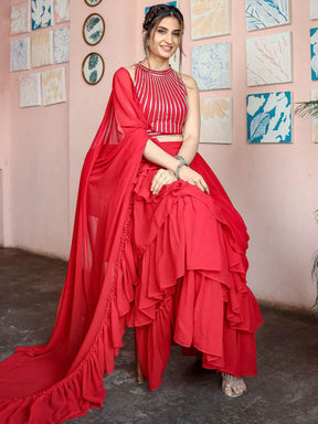 Red Saree With Stitched Blouse