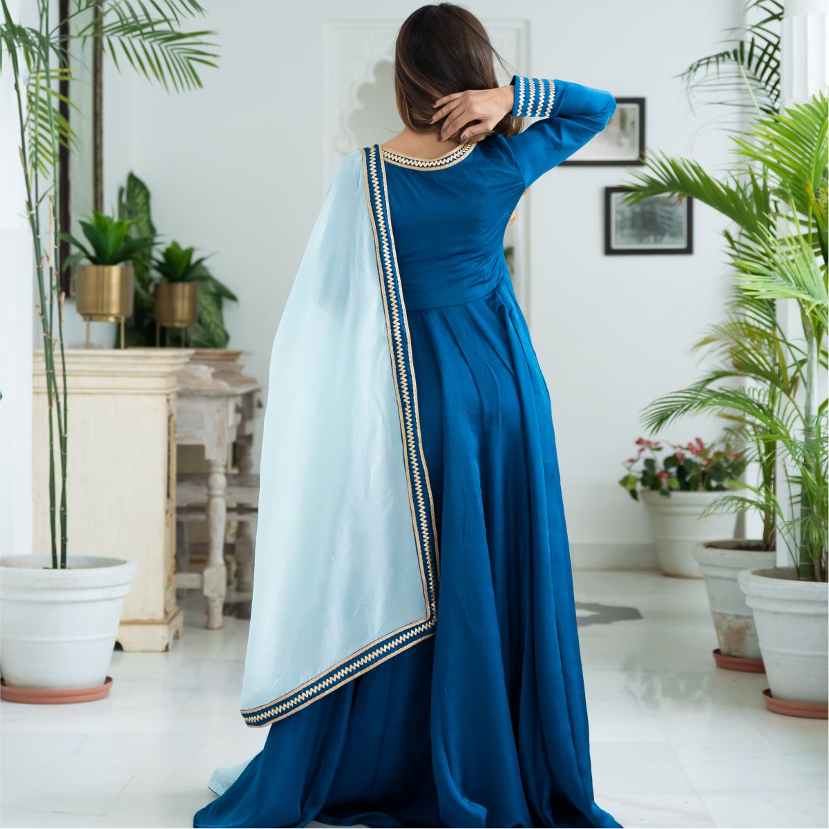 Blue Silk Long Dress With Dupatta