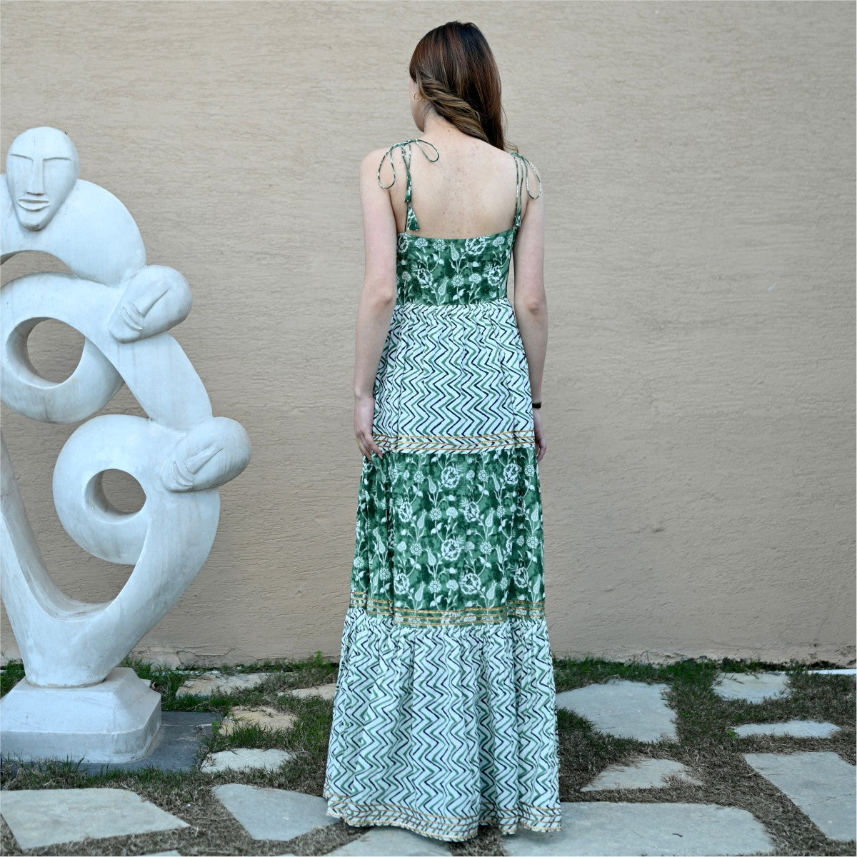 Green Block Printed Tiered Dress