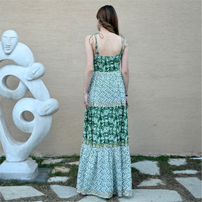 Green Block Printed Tiered Dress