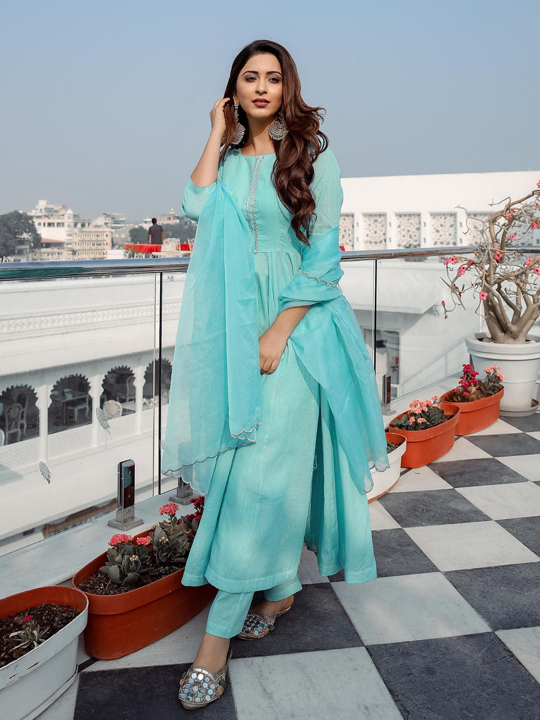 Blue Lurex Cotton Anarkali Set