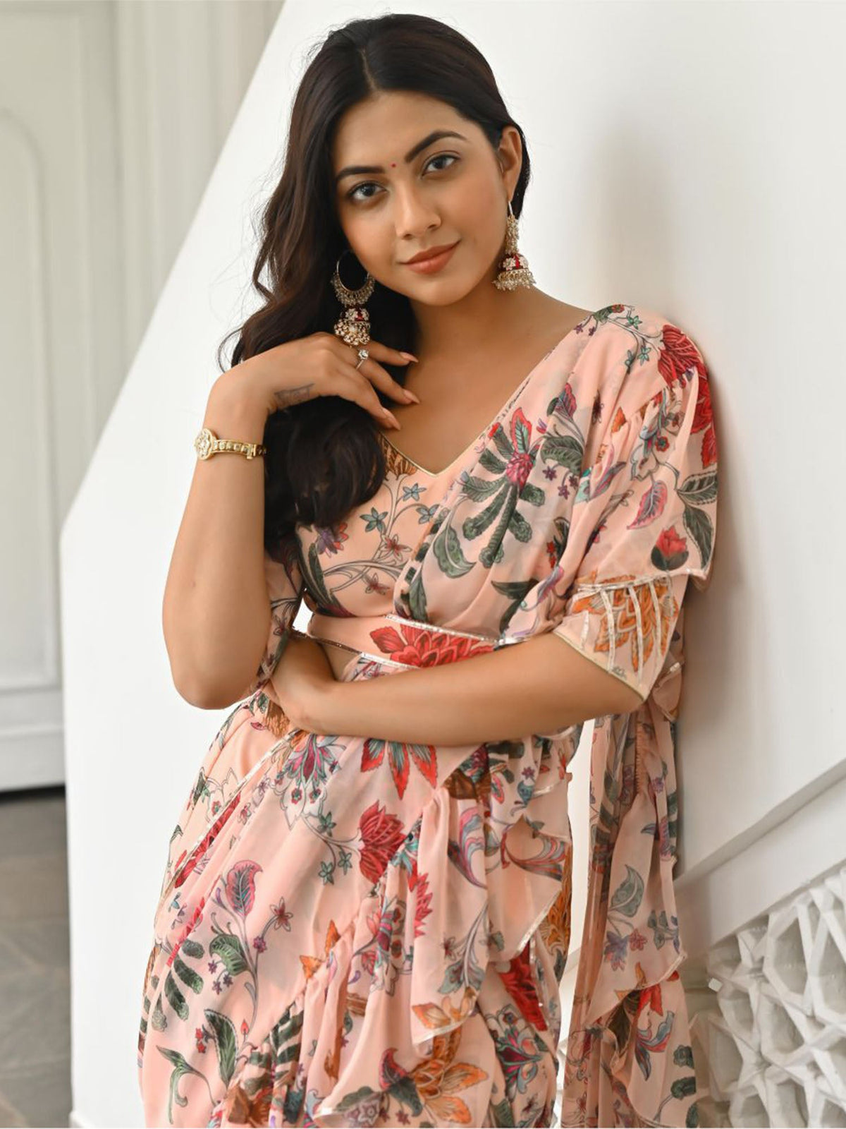 Peach Printed Ruffle Saree