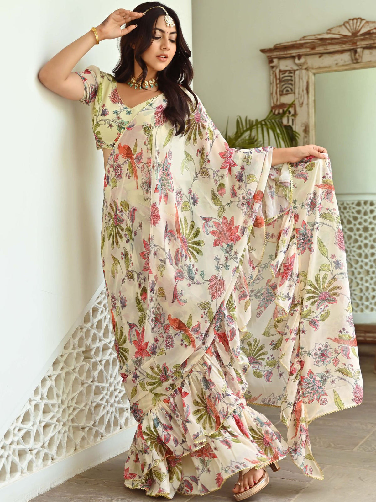 Light green Printed Ruffle Saree