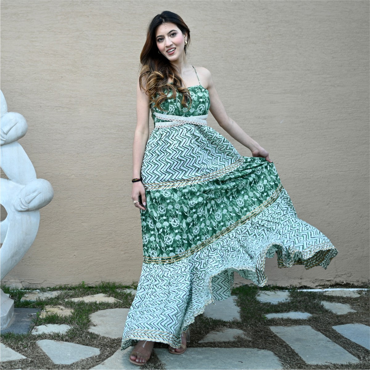 Green Block Printed Tiered Dress