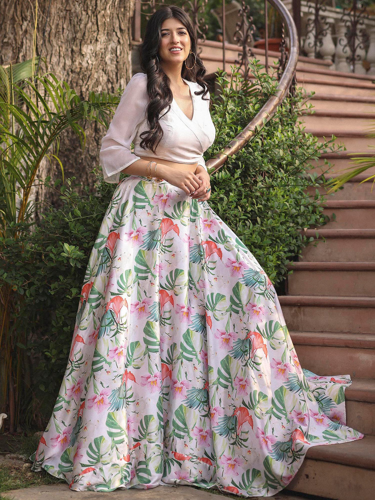 WHITE FLORAL PRINTED SKIRT SET