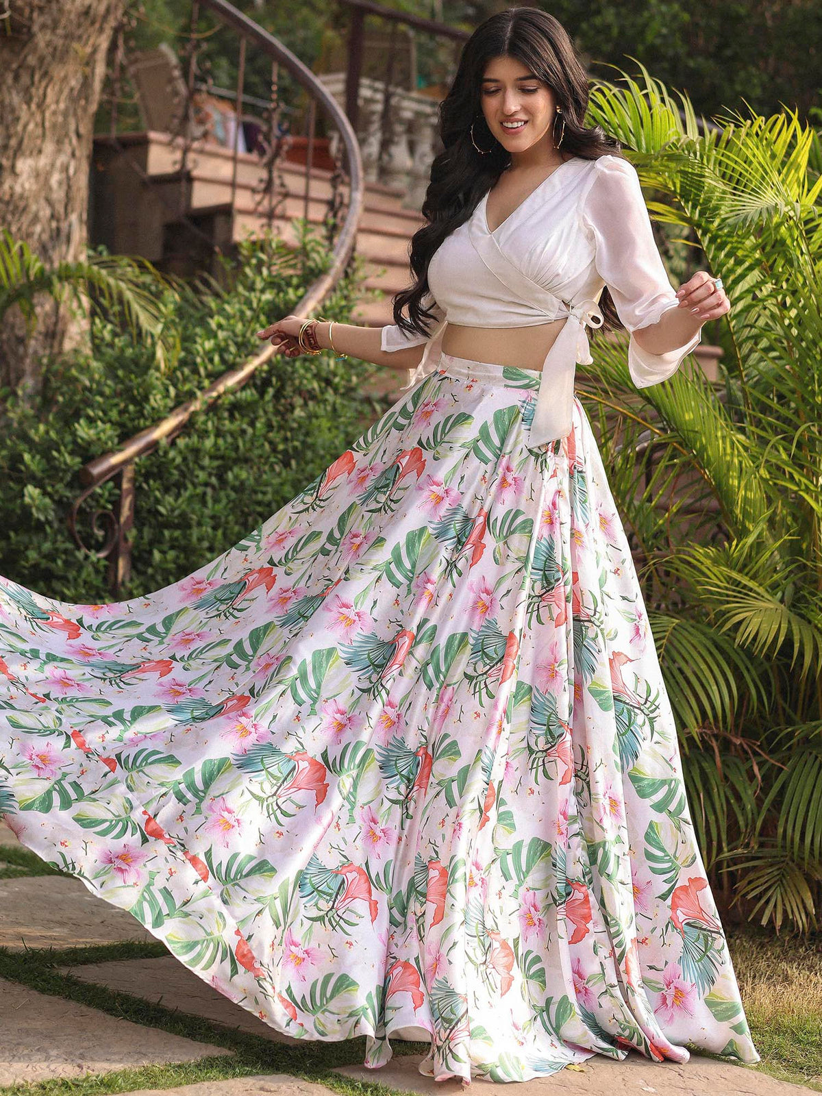 WHITE FLORAL PRINTED SKIRT SET