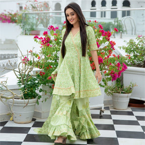 Green Cotton Printed Peplum and Sharara Set