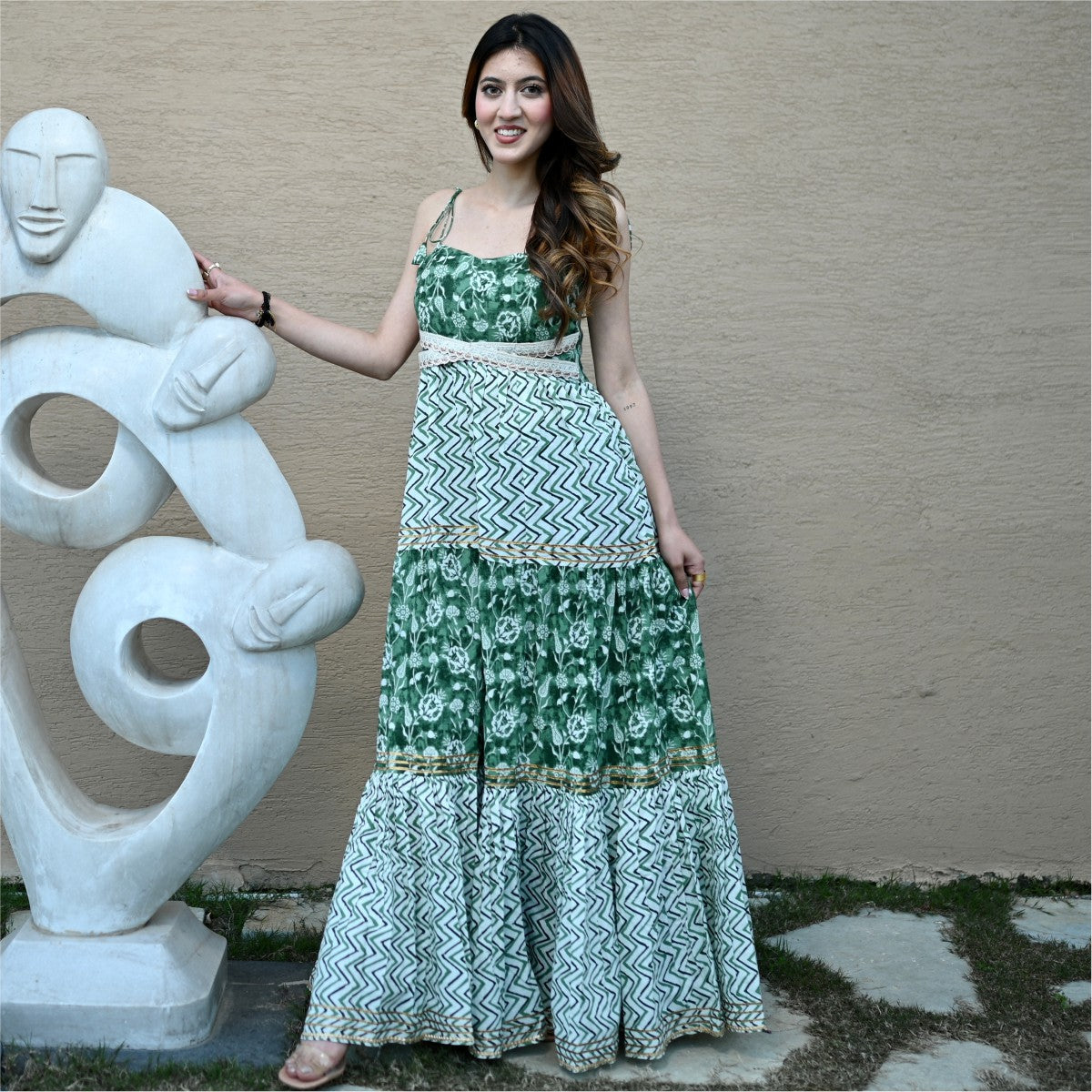 Green Block Printed Tiered Dress