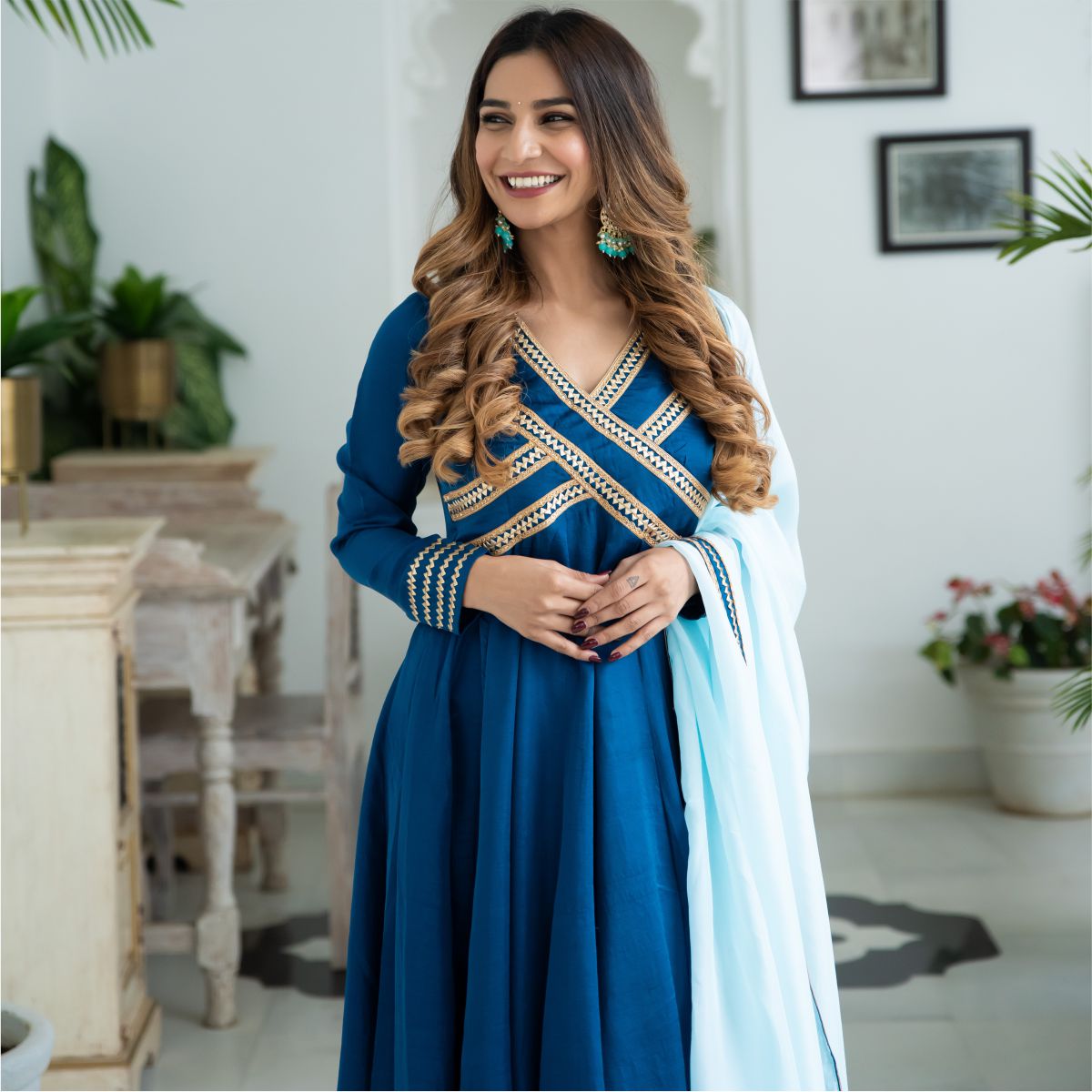 Blue Silk Long Dress With Dupatta