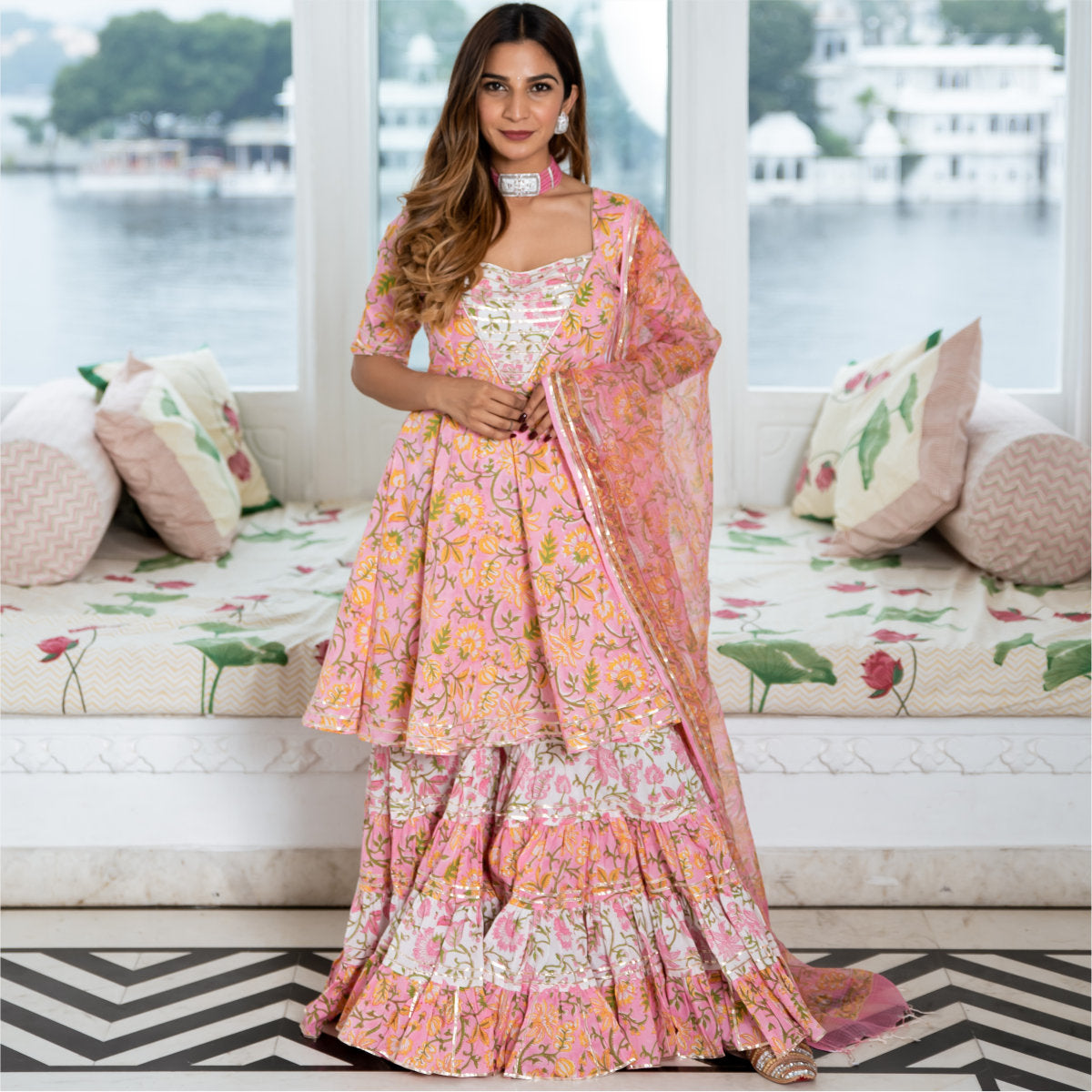 Cotton Printed Flared Kurta and Sharara Set