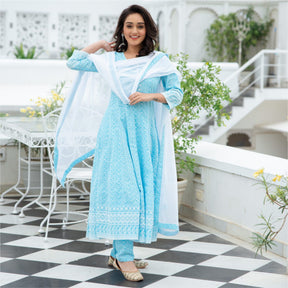 Blue Chikankari Flared Anarkali and Pant Set