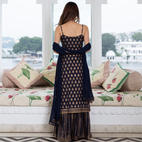 Navy Blue Cotton Printed Long Kurta and Sharara Set