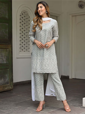 Grey Embroidered Kurta Set