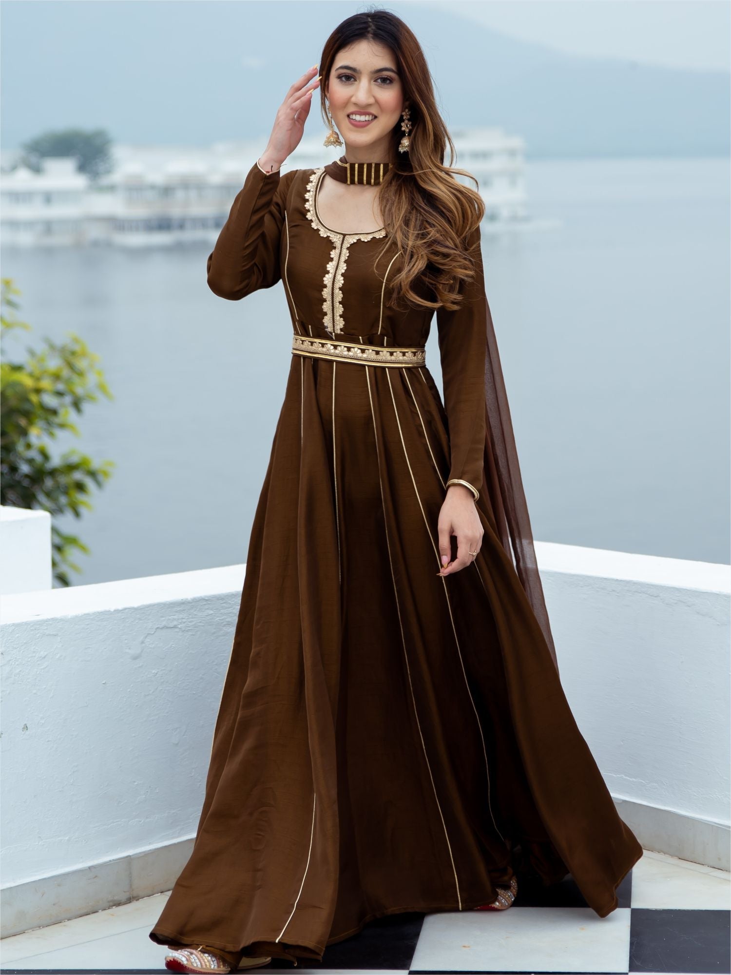 Chocolate Brown Silk Long Dress With Dupatta