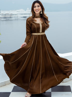 Chocolate Brown Silk Long Dress With Dupatta