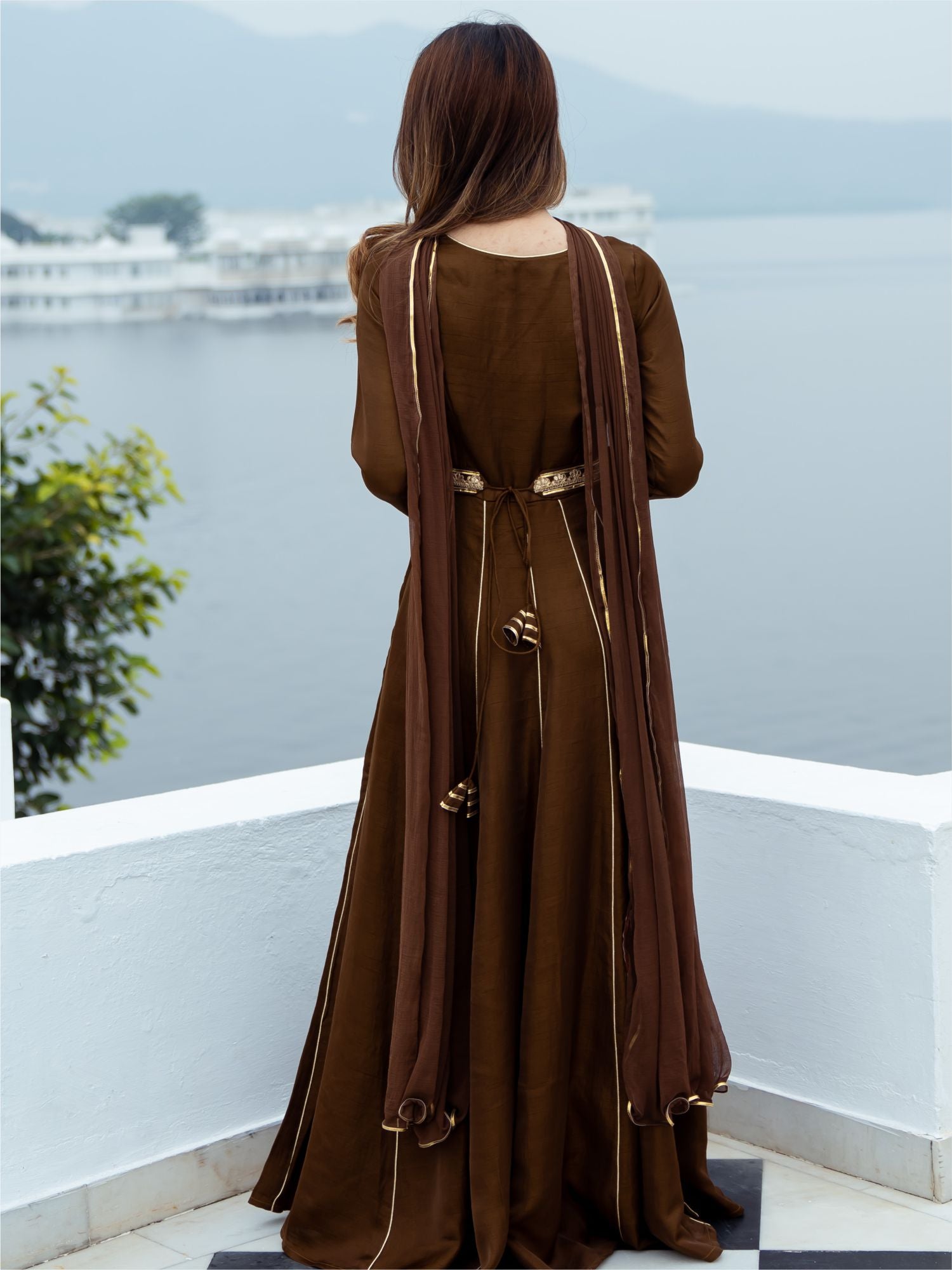 Chocolate Brown Silk Long Dress With Dupatta