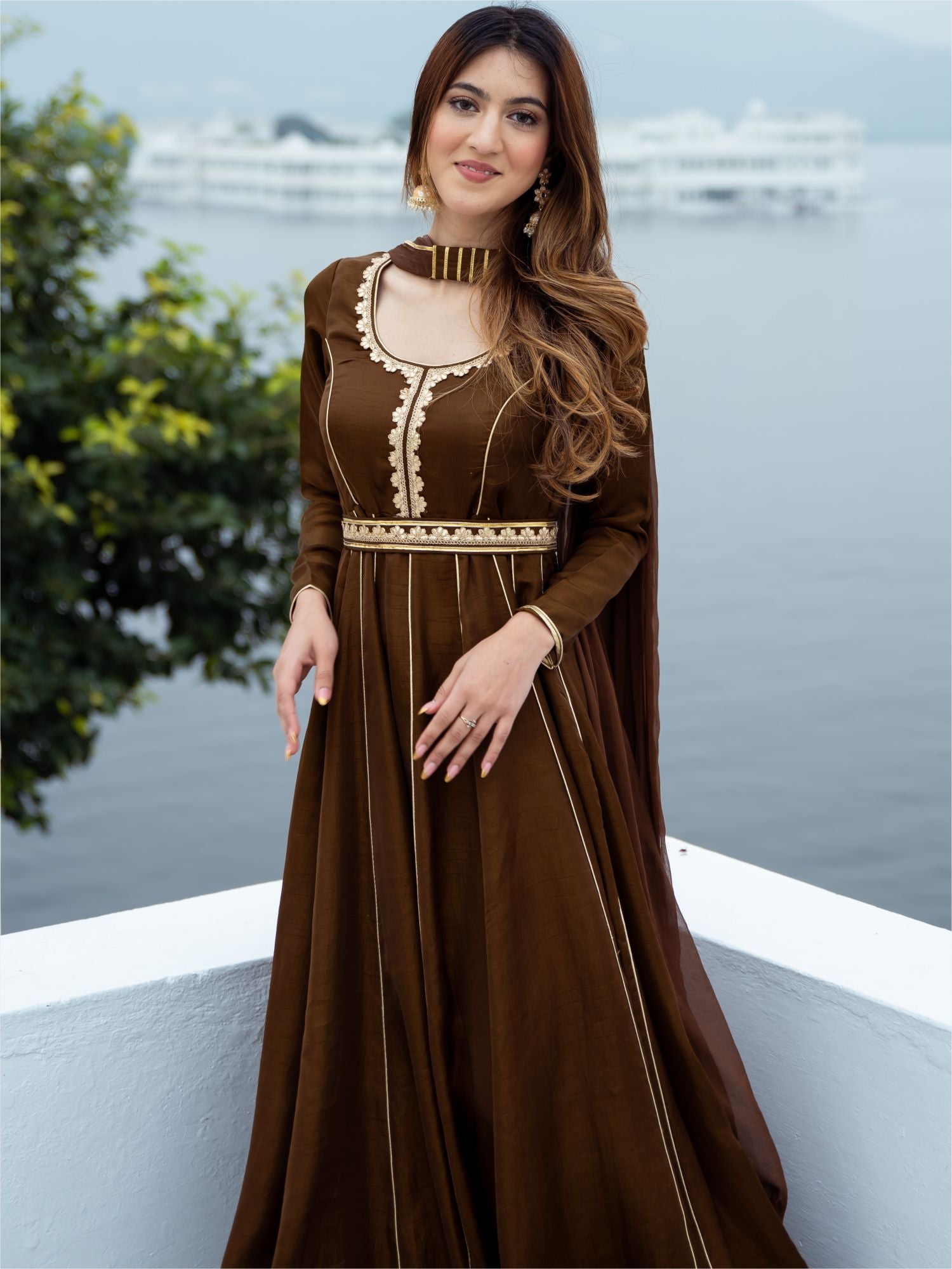 Chocolate Brown Silk Long Dress With Dupatta