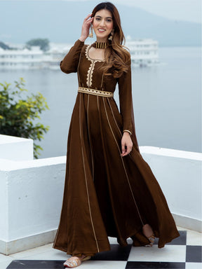 Chocolate Brown Silk Long Dress With Dupatta