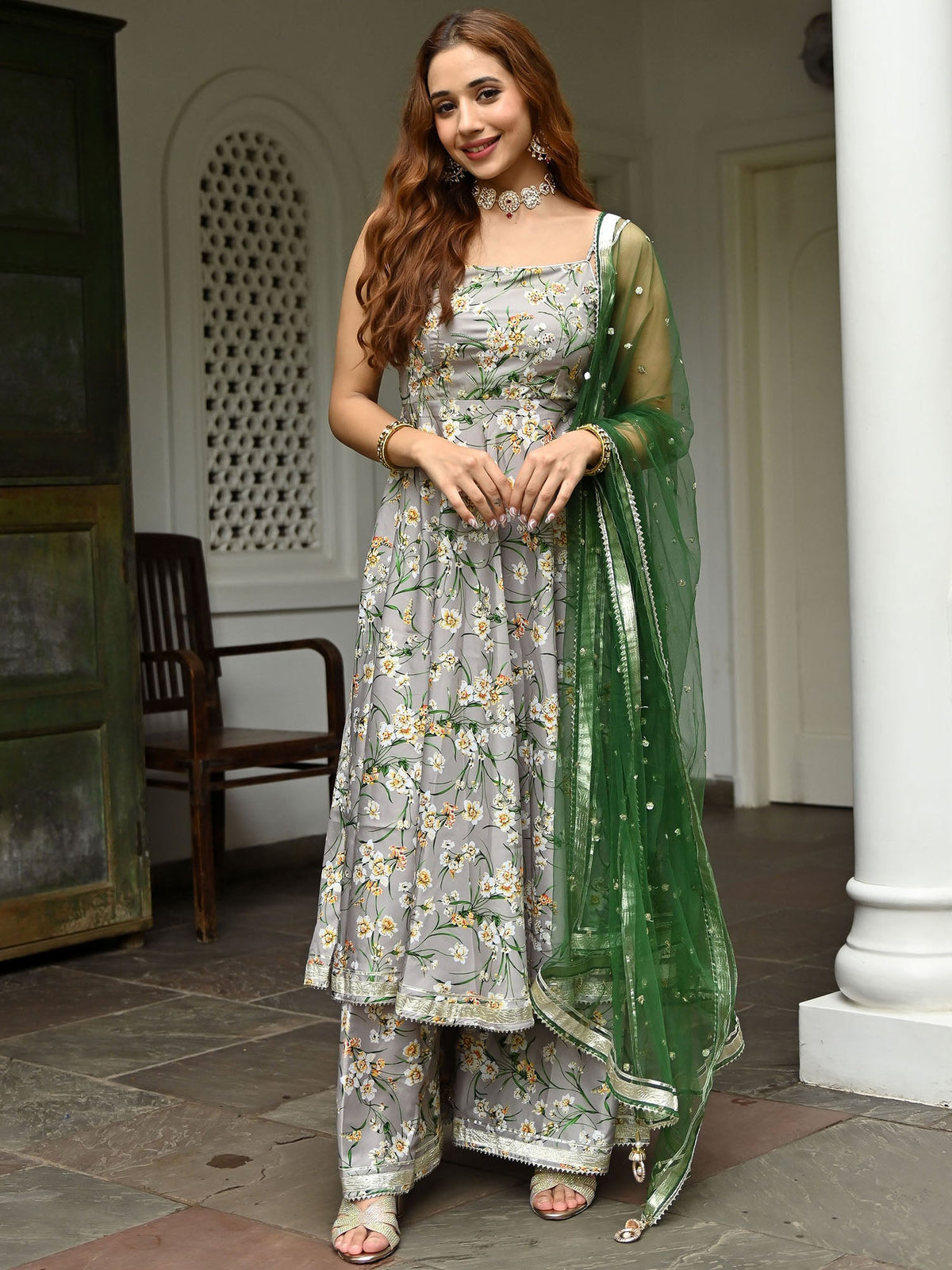 Grey Printed Silk Sharara Set