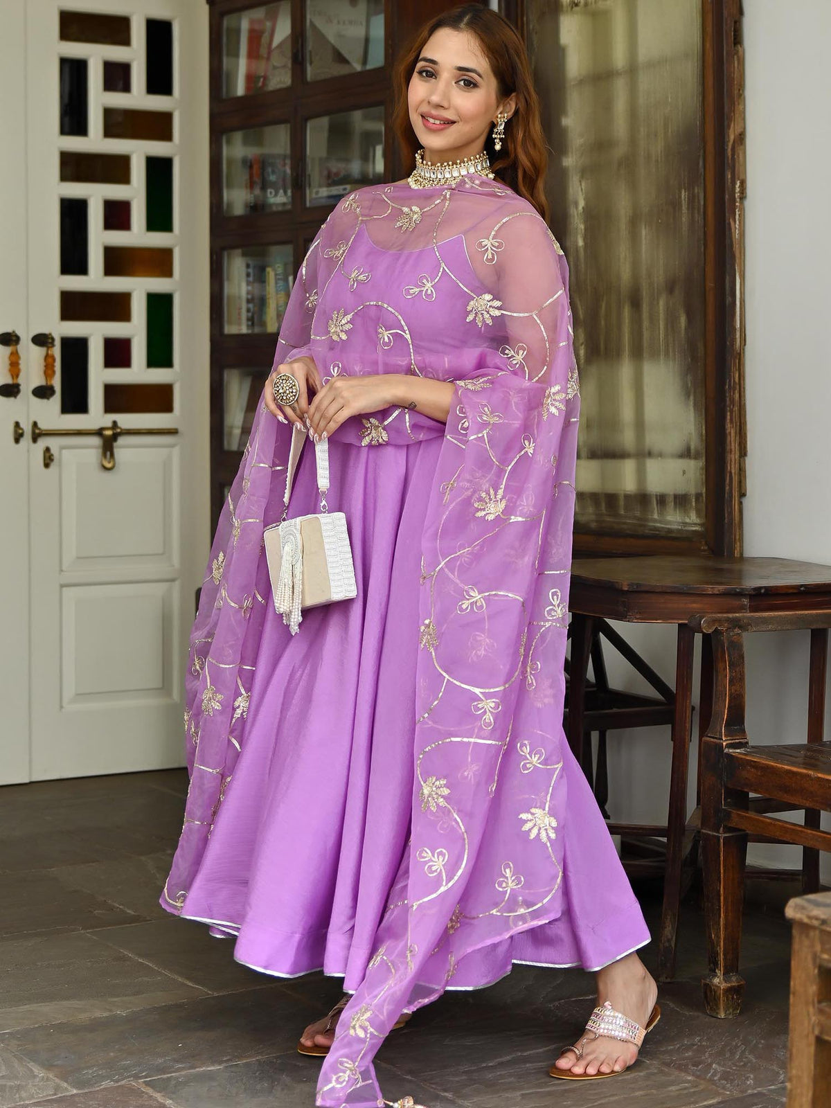 Purple Silk Anarkali Set