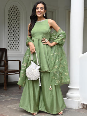 Pista Green Silk Kurta Palazzo Set