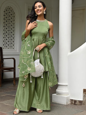 Pista Green Silk Kurta Palazzo Set