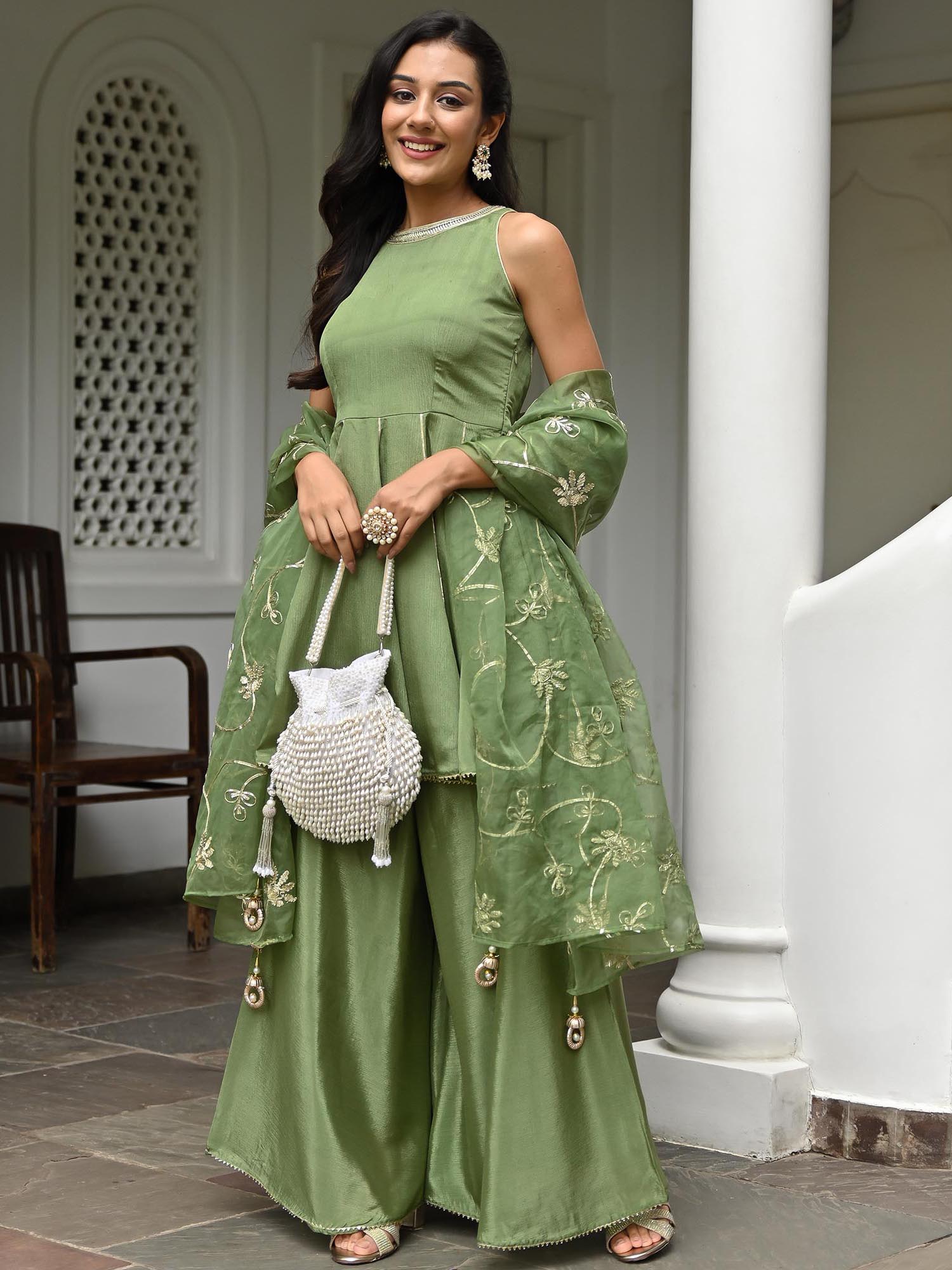 Pista Green Silk Kurta Palazzo Set