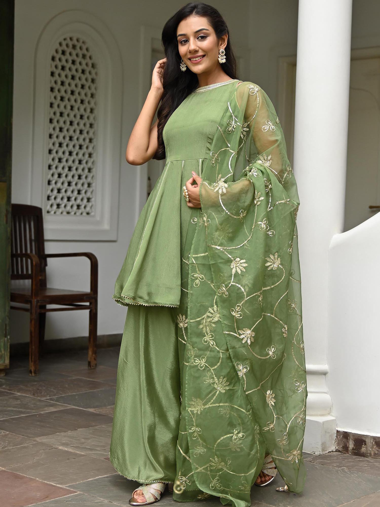 Pista Green Silk Kurta Palazzo Set