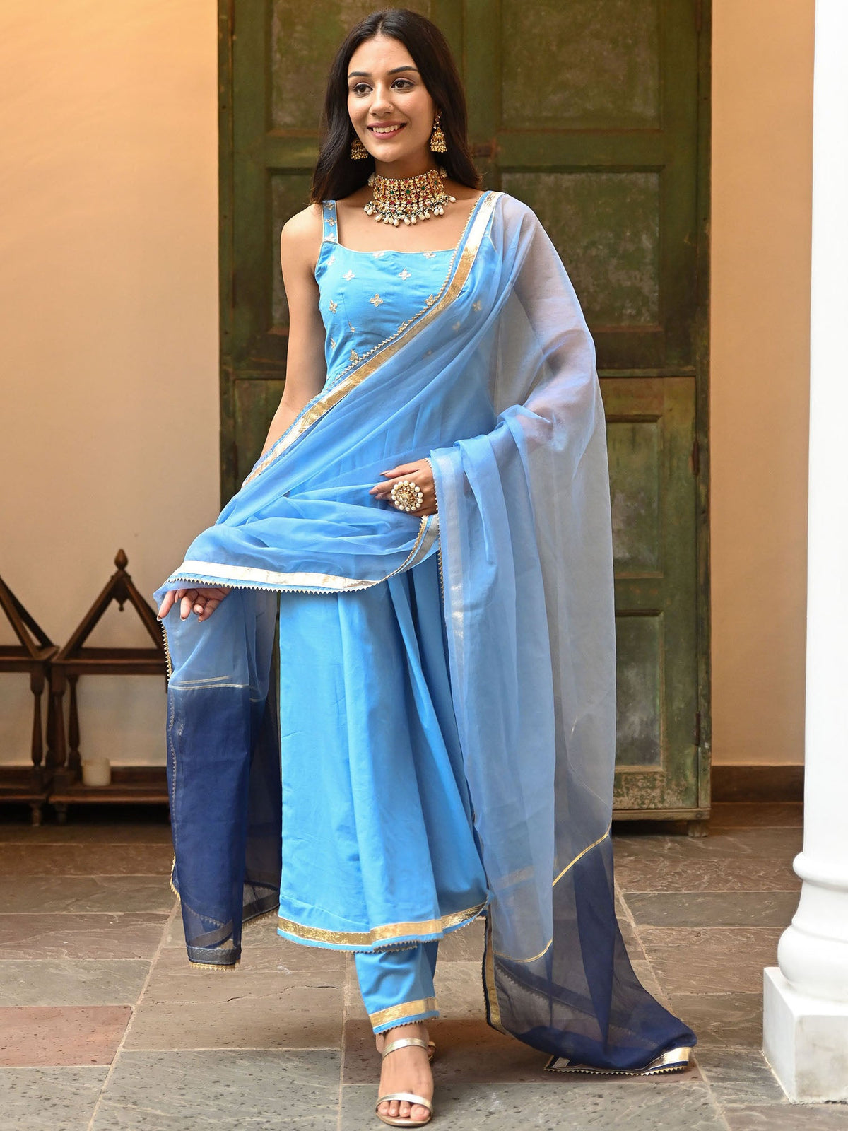 Sky Blue Embroidered Anarkali Set