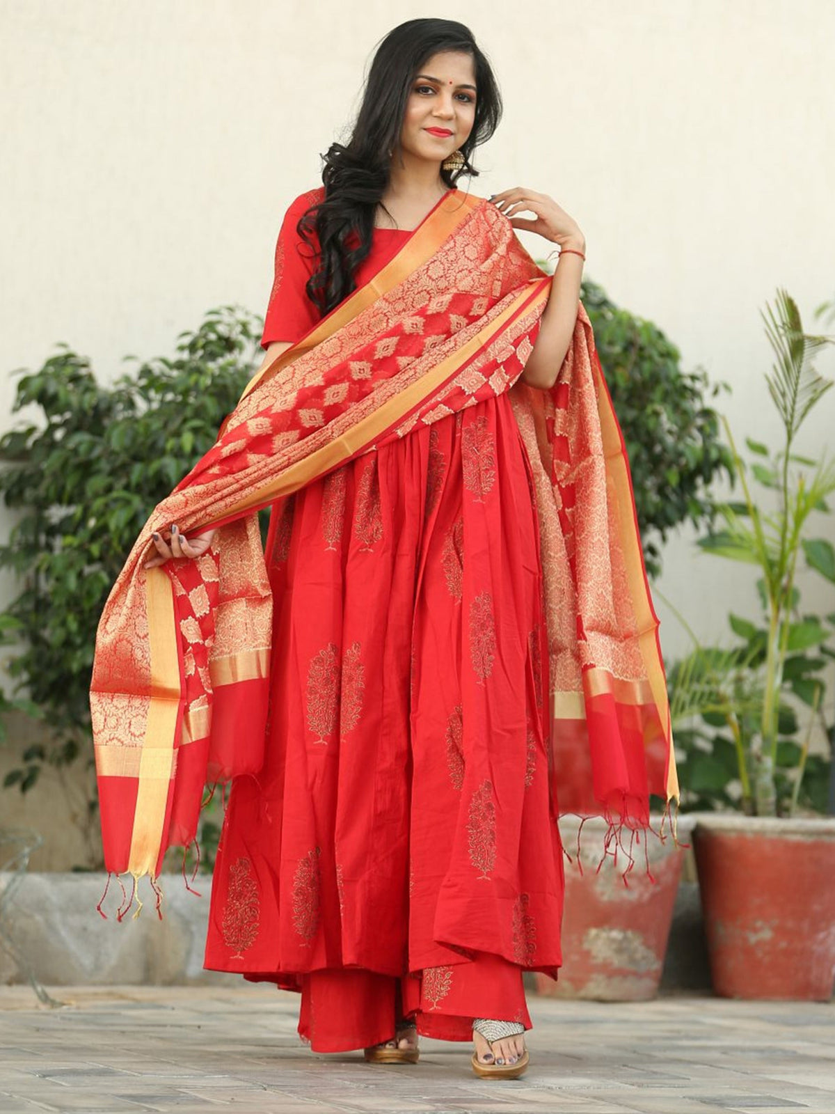 Red Block Print Anarkali Set