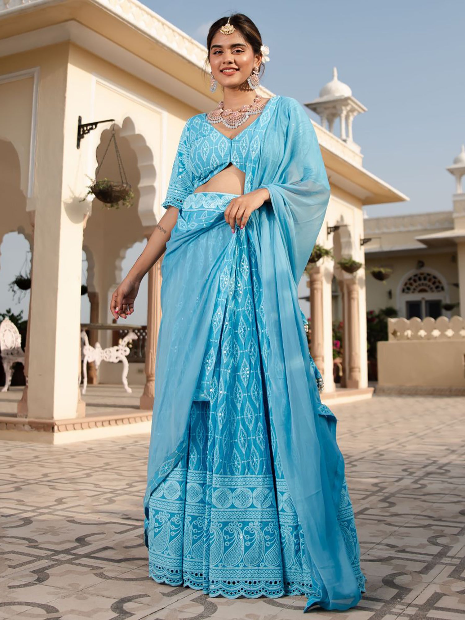 Sky Blue Cotton Lehenga Blouse