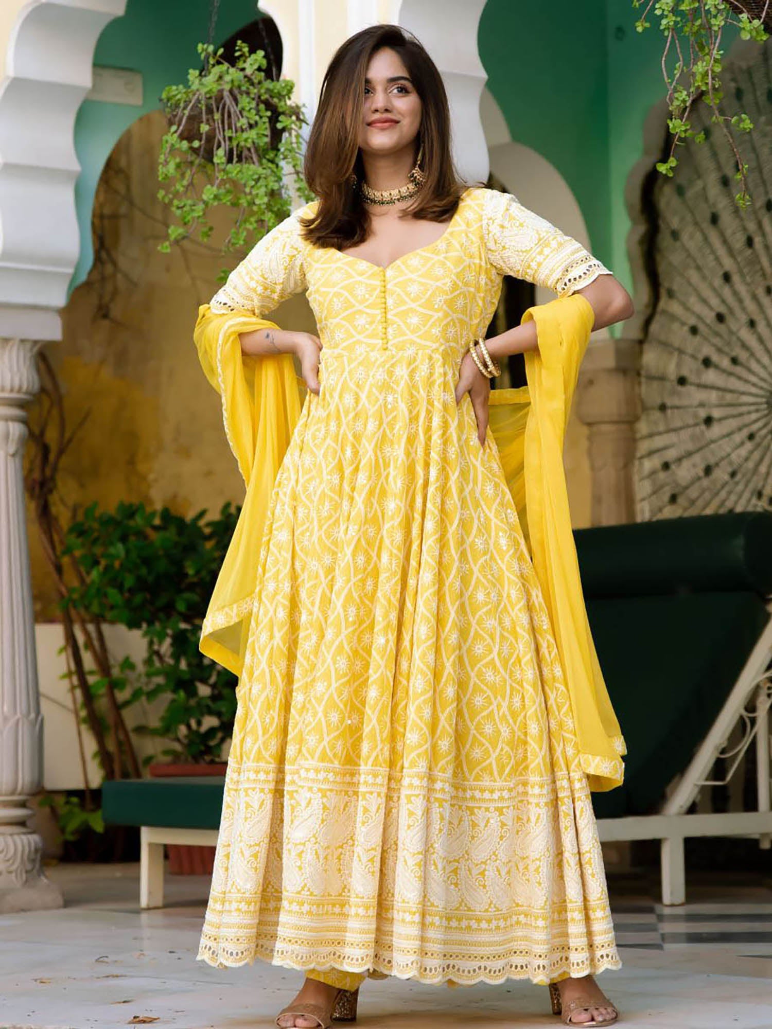 Yellow Embroidery Anarkali Set