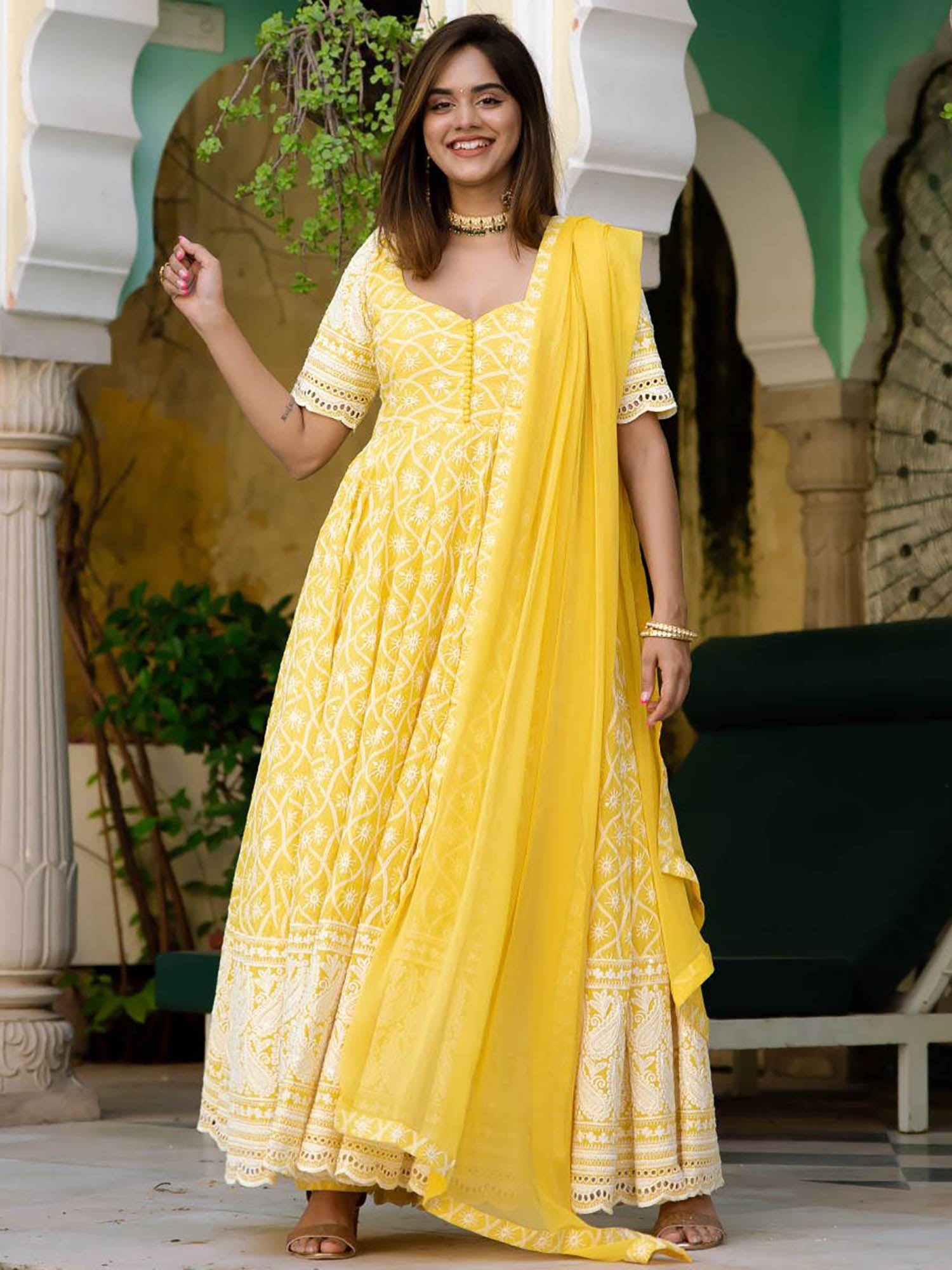 Yellow Embroidery Anarkali Set