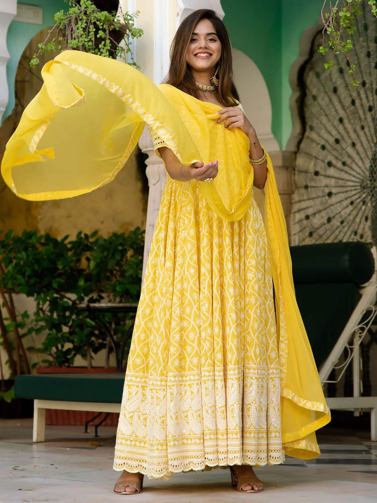 Yellow Embroidery Anarkali Set