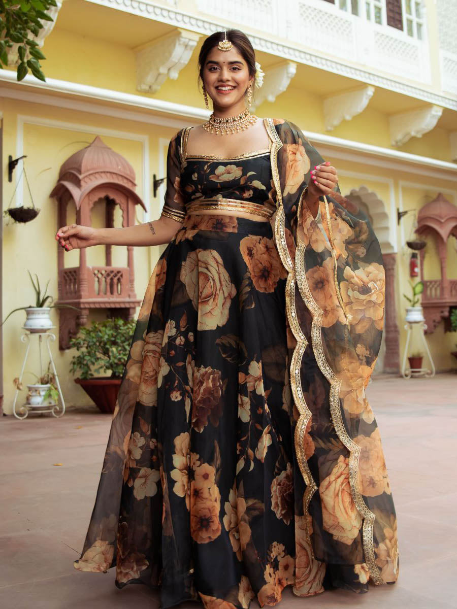 Brown Organza Lehenga Set