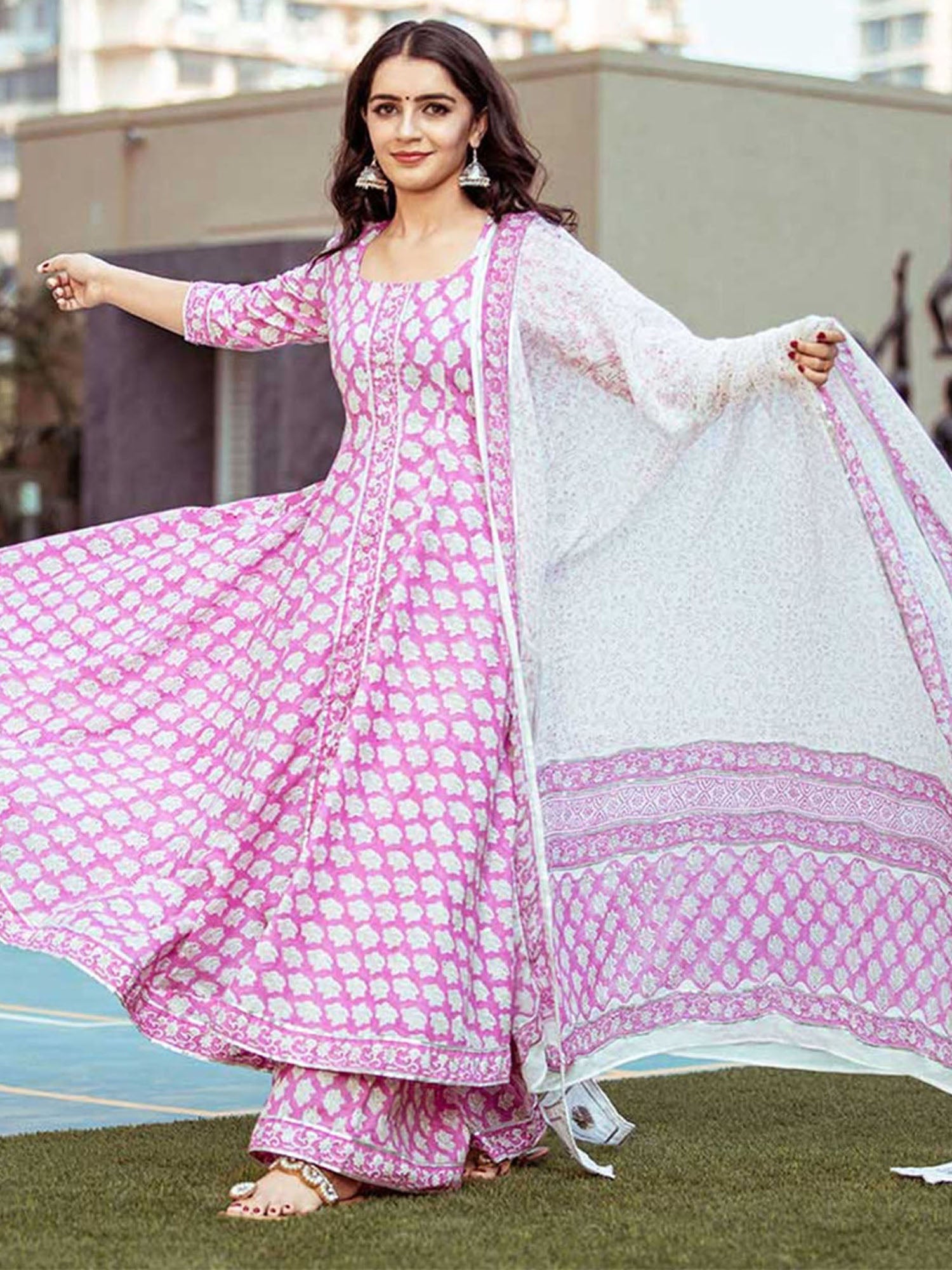 Handblock Printed Kurta Palazzo Set In Pink