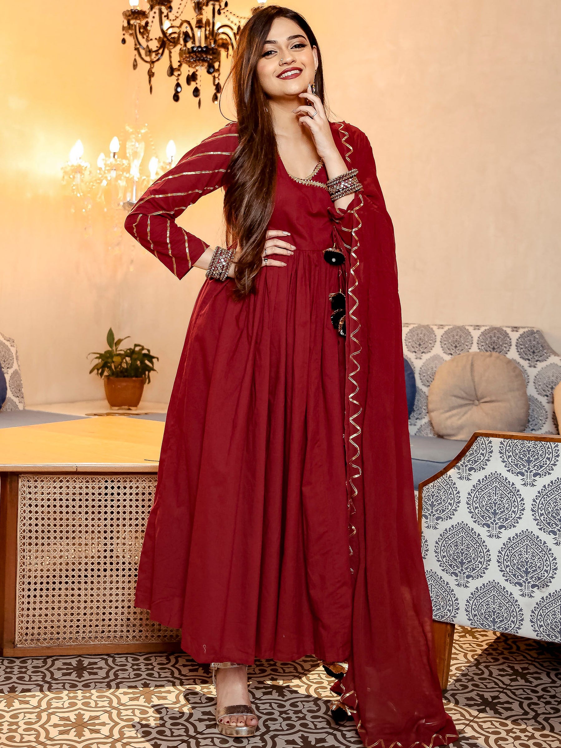 Maroon Pant Style Anarkali Suit Set