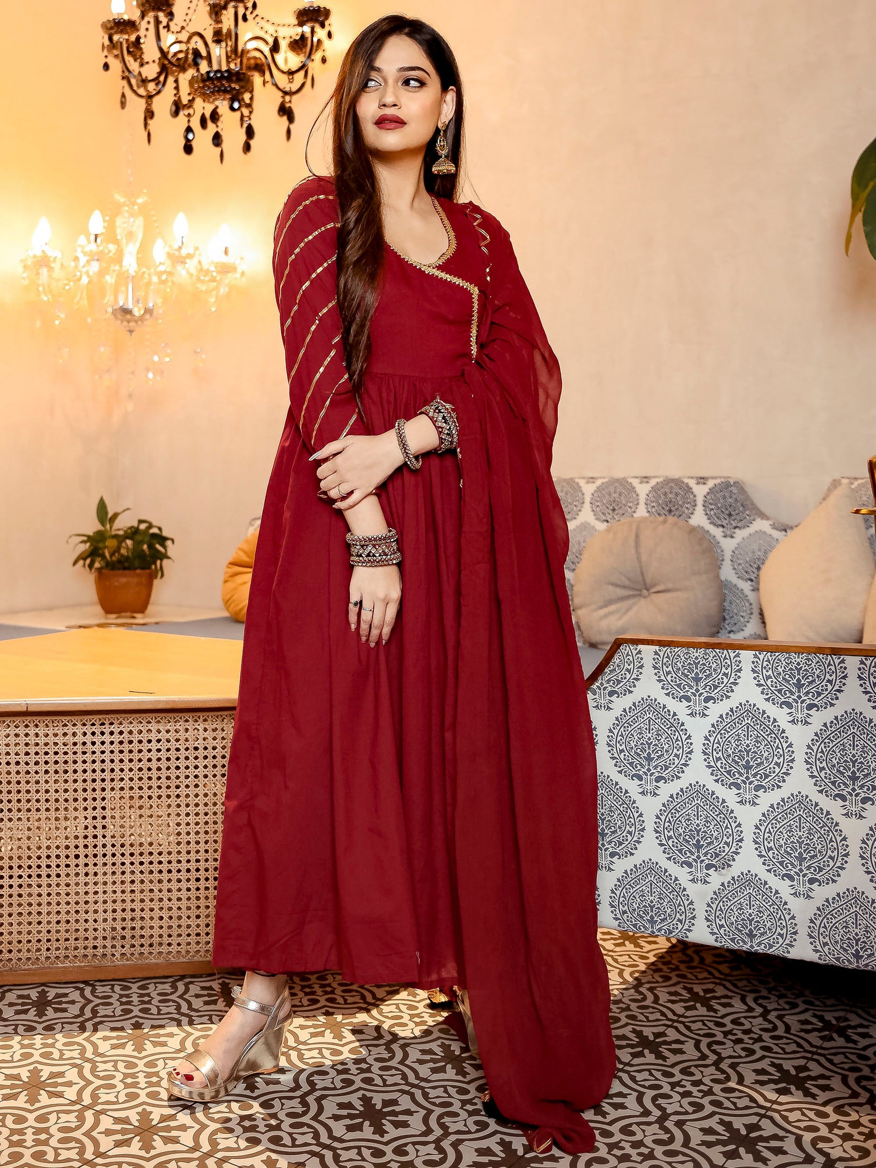 Maroon Pant Style Anarkali Suit Set