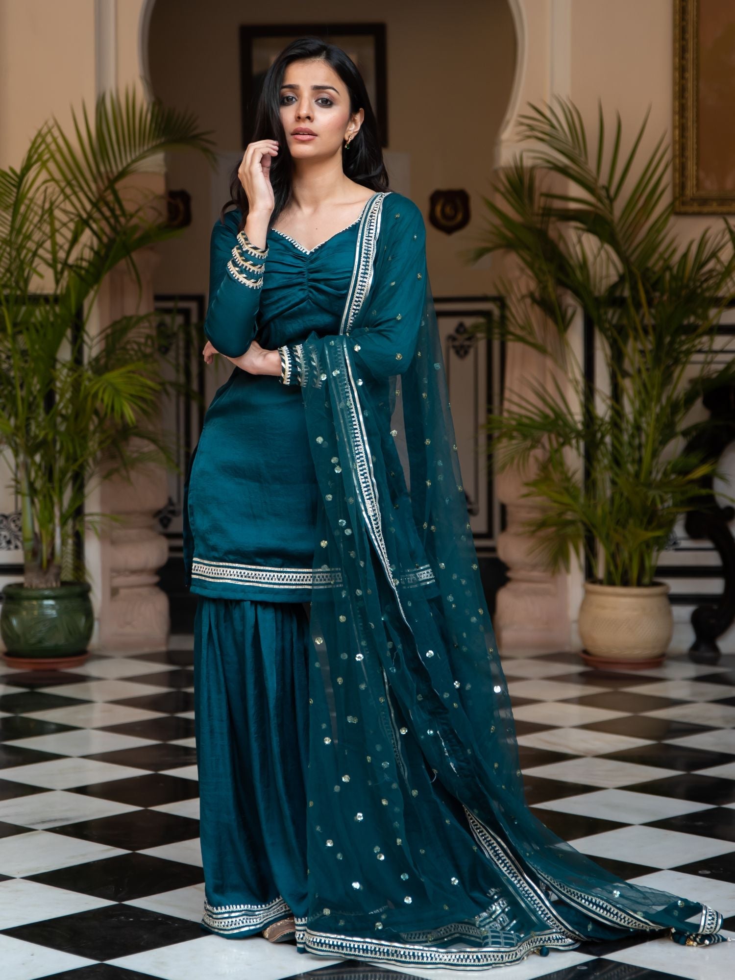 Green Silk Sharara Set