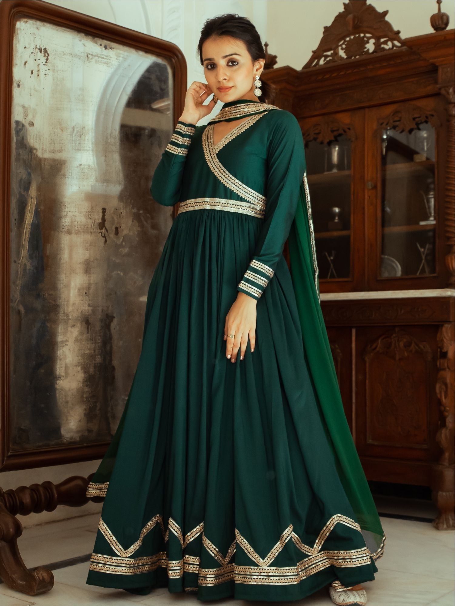 Green Silk Anarkali Dupatta Set