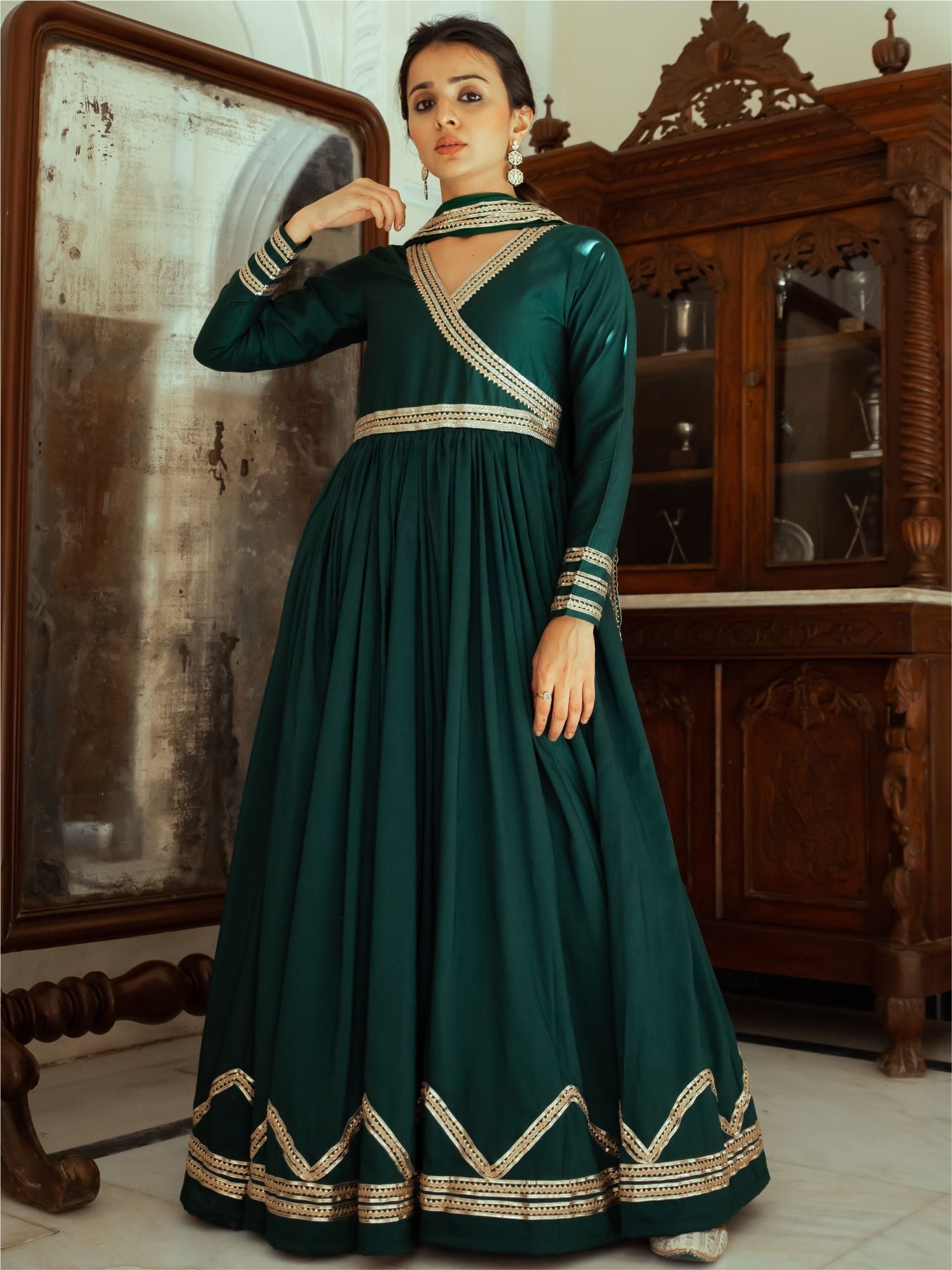 Green Silk Anarkali Dupatta Set