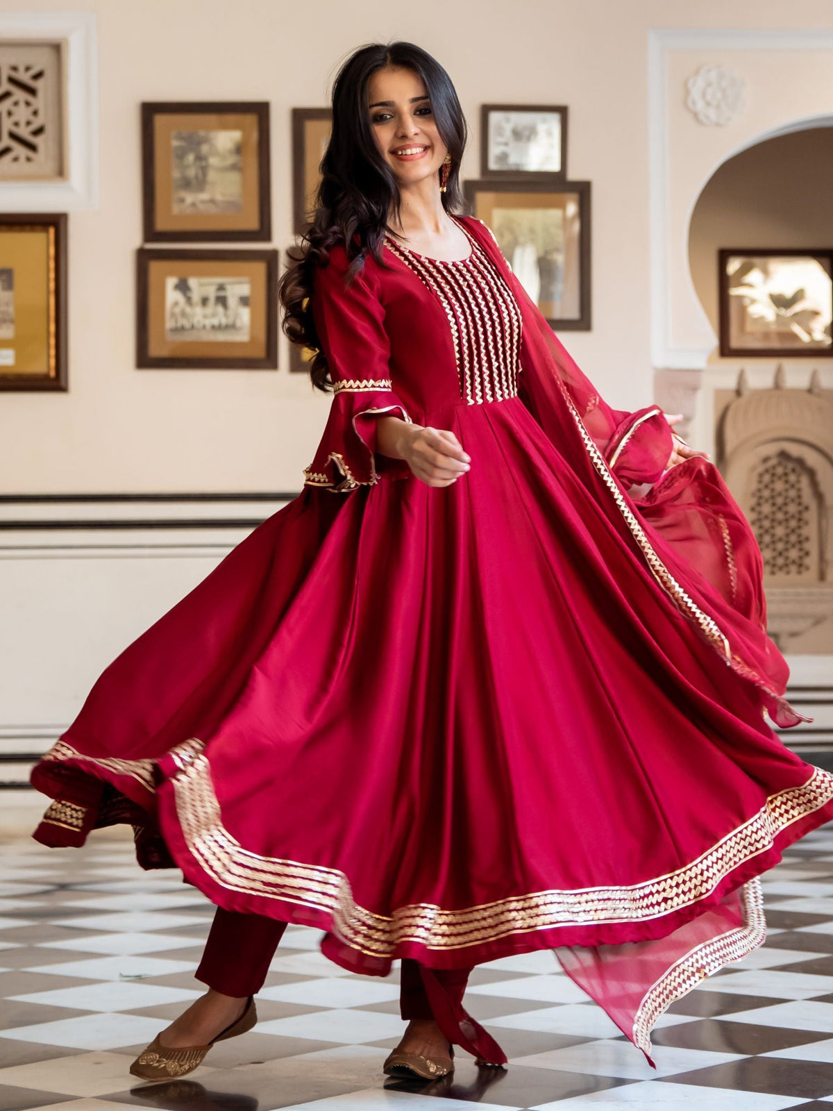 Maroon Silk Anarkali Dupatta Set