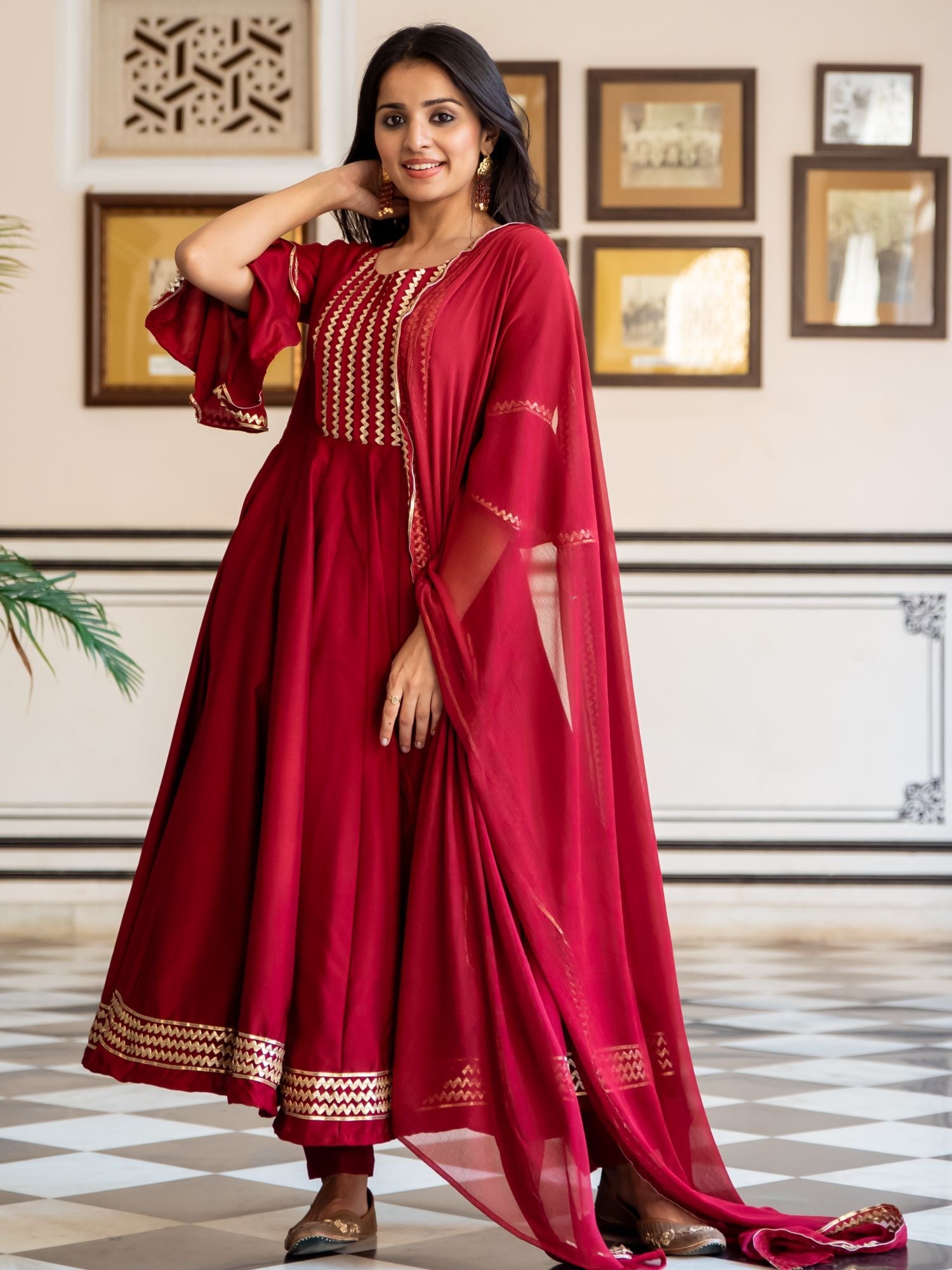 Maroon Silk Anarkali Dupatta Set