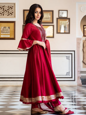 Maroon Silk Anarkali Dupatta Set