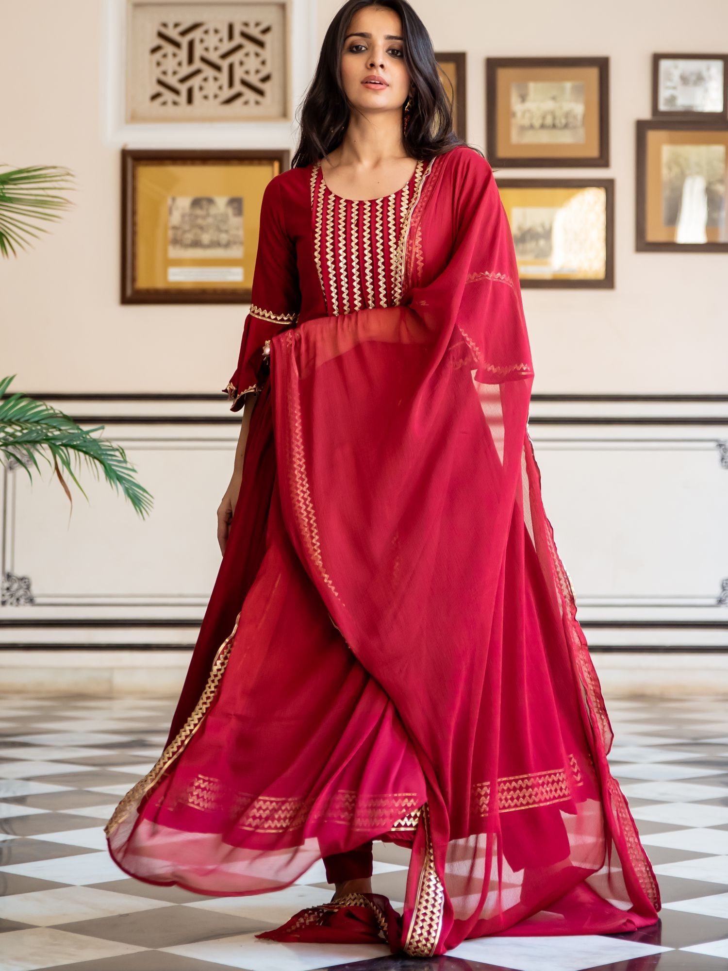 Maroon Silk Anarkali Dupatta Set